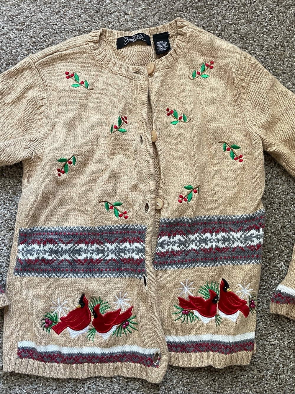 Cozy Tan Holiday Cardigan with Red Cardinal Embroidery (Sz. PS)